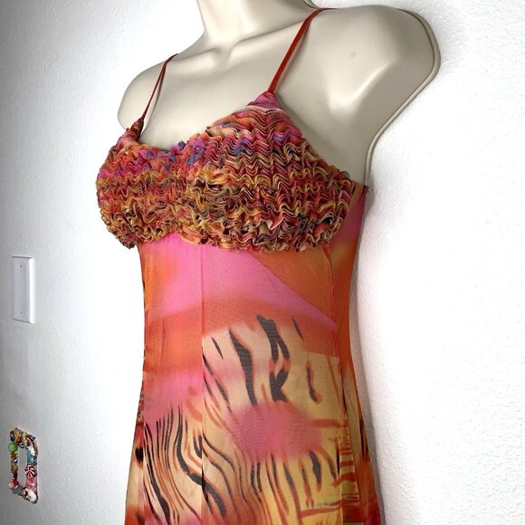 Y2K Sheer Watercolor Mesh RUFFLE Babydoll TOP S Chemise Tank Slip Dress Coquette - Picture 3 of 6